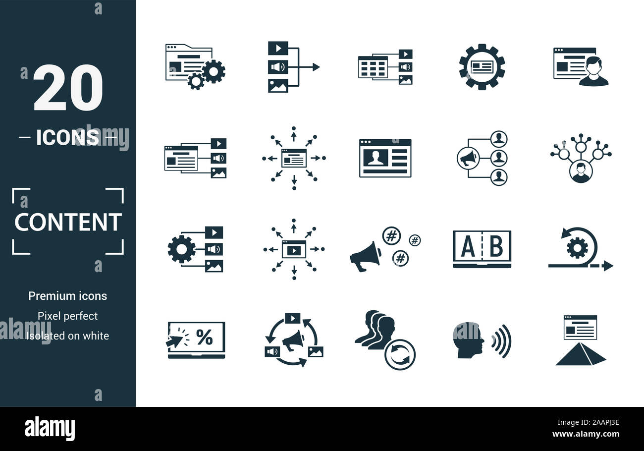Icona Contenuto impostato. Includere elementi creativi cms, piano del contenuto, contenuti digitali viral marketing, media plan icone. Può essere utilizzato per il report Foto Stock