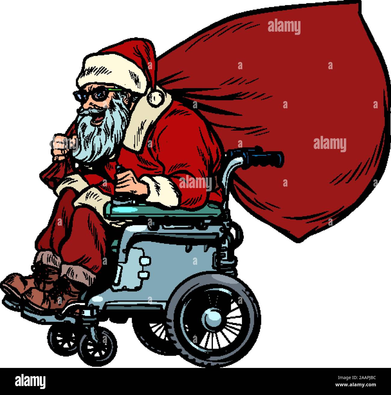 Santa Claus è attiva una sedia a rotelle utente disabilitato. Natale e Anno Nuovo Illustrazione Vettoriale