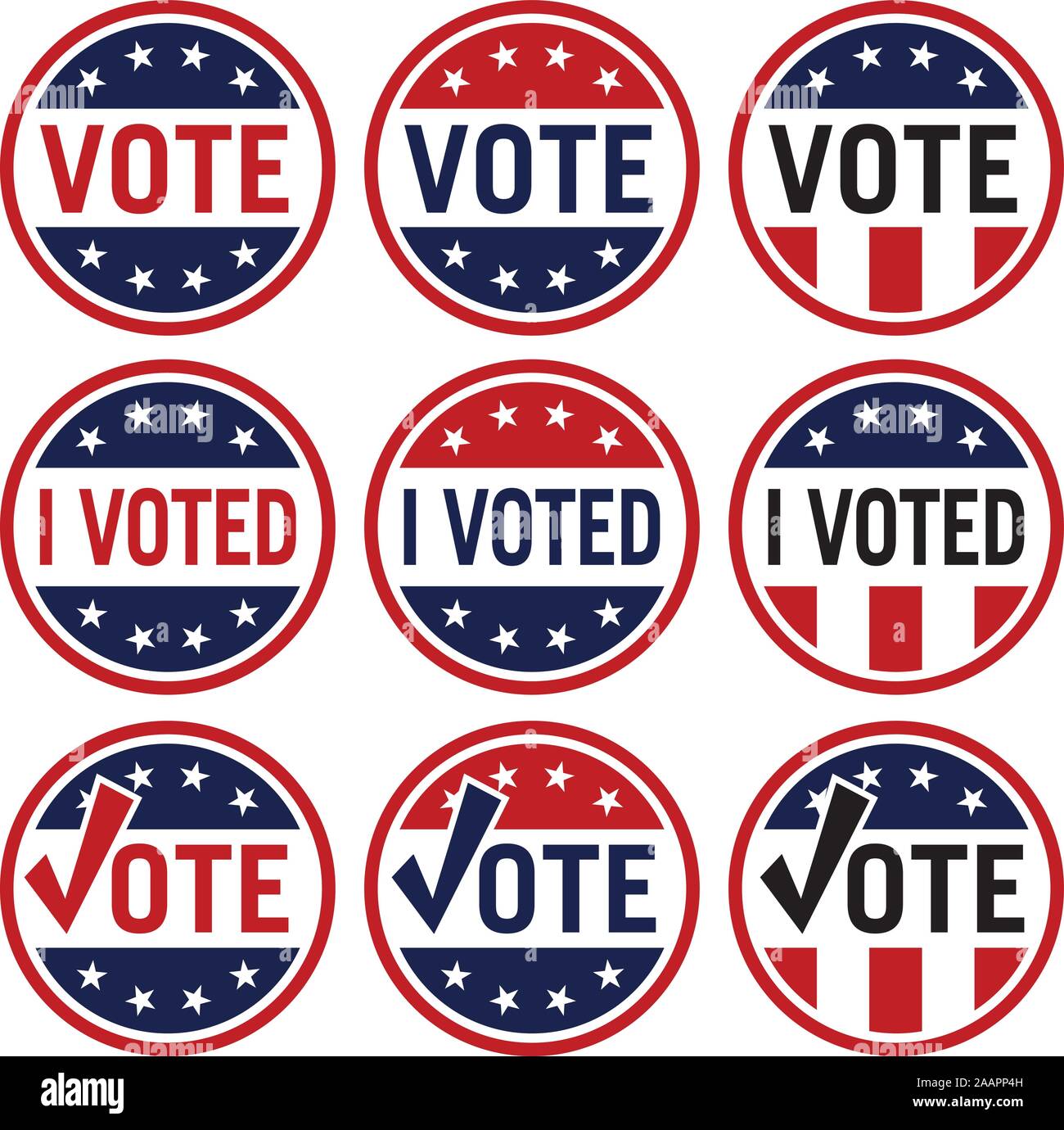 Voto e ho votato elezione politica set logo in bianco e rosso blu isolato illustrazione vettoriale Illustrazione Vettoriale