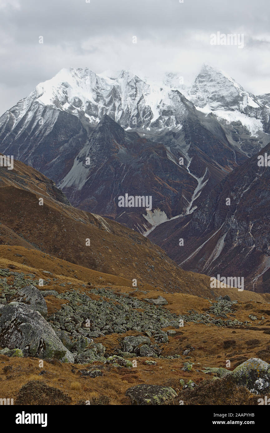 Langtang Valler mountain range su un moody nuvoloso giorno Foto Stock