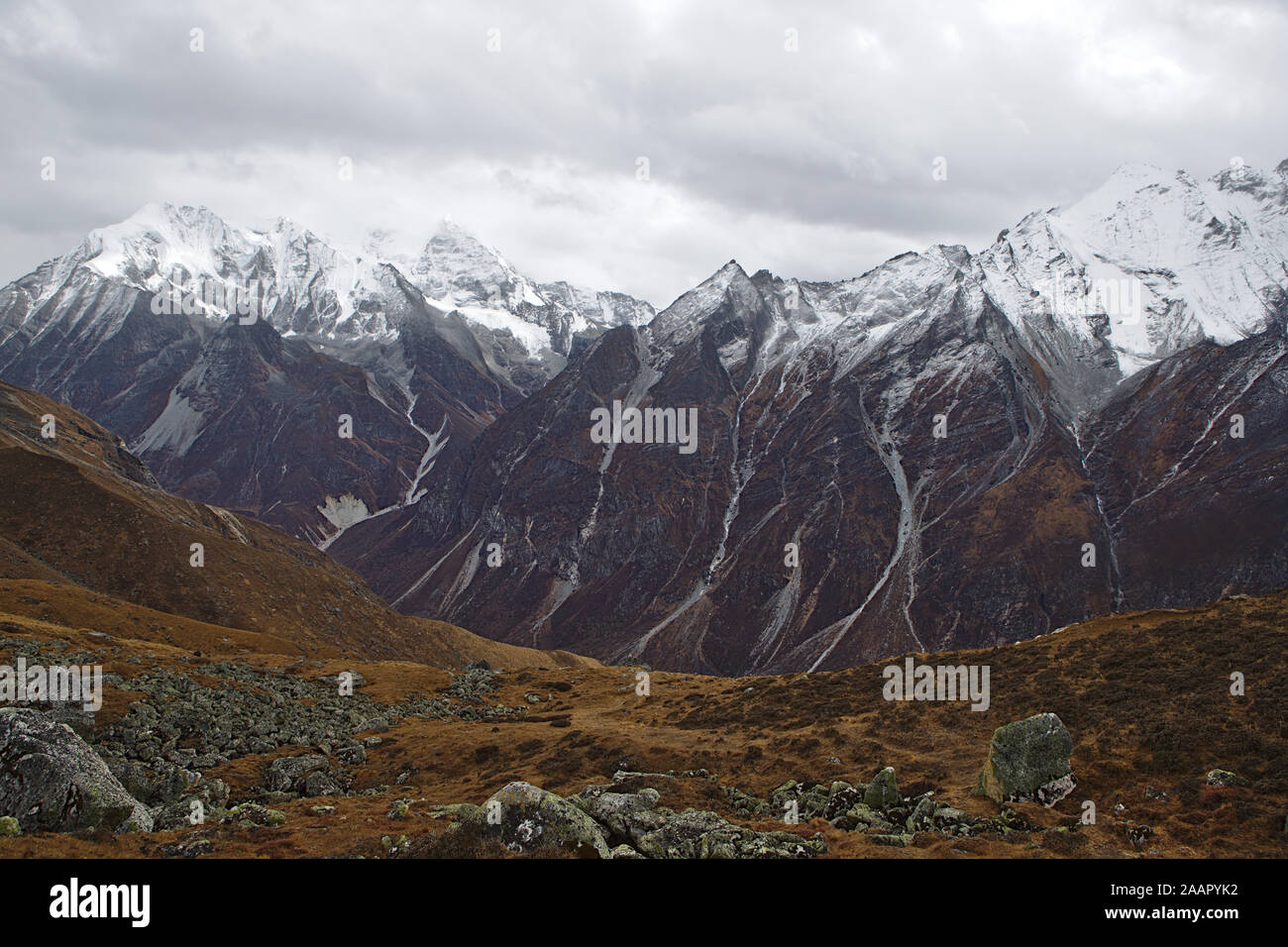 Langtang Valler mountain range su un moody nuvoloso giorno Foto Stock