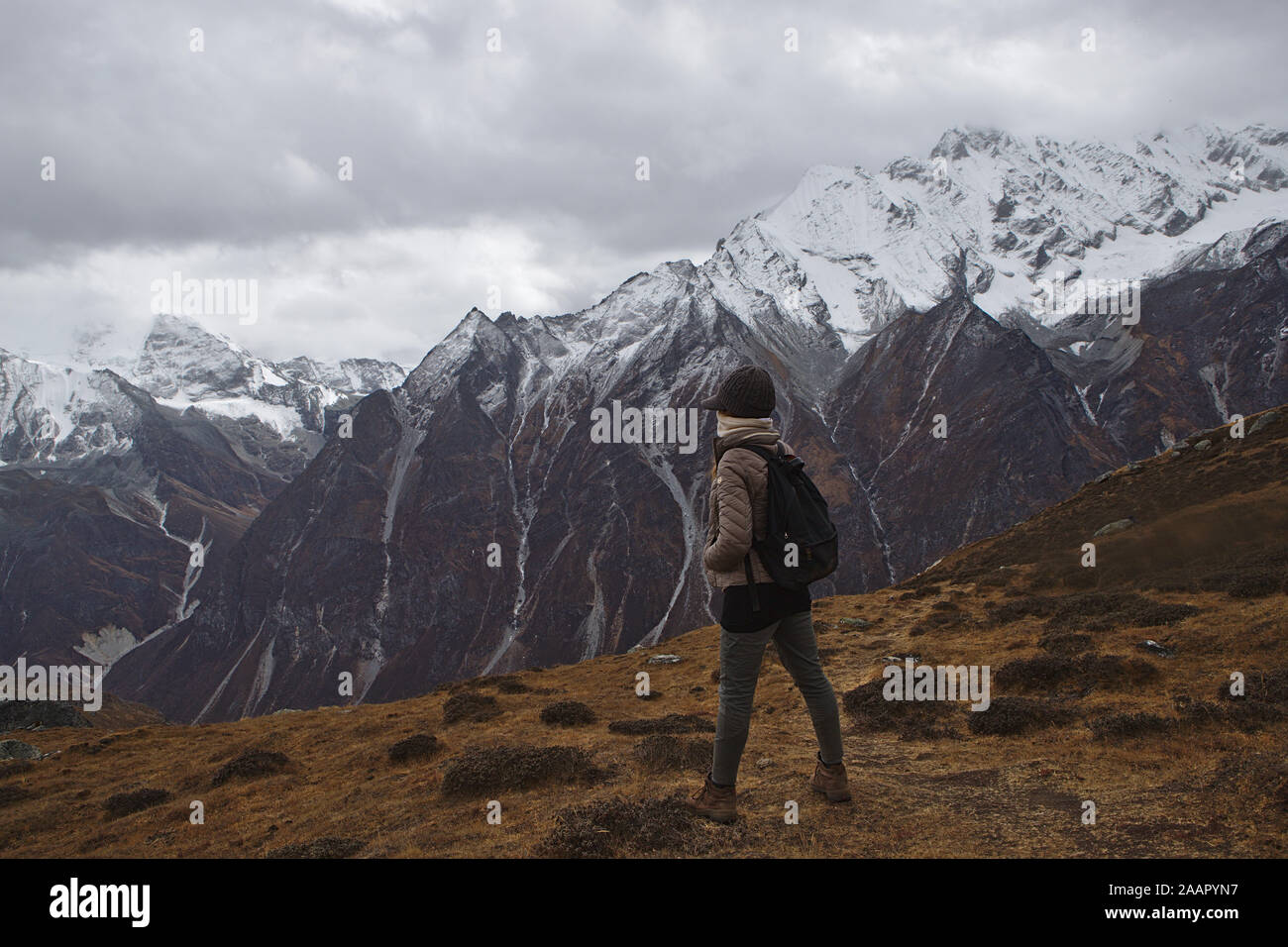 Donna occidentale in marcia escursioni trekking nella Valle di Langtang regione dell'Himalaya Foto Stock