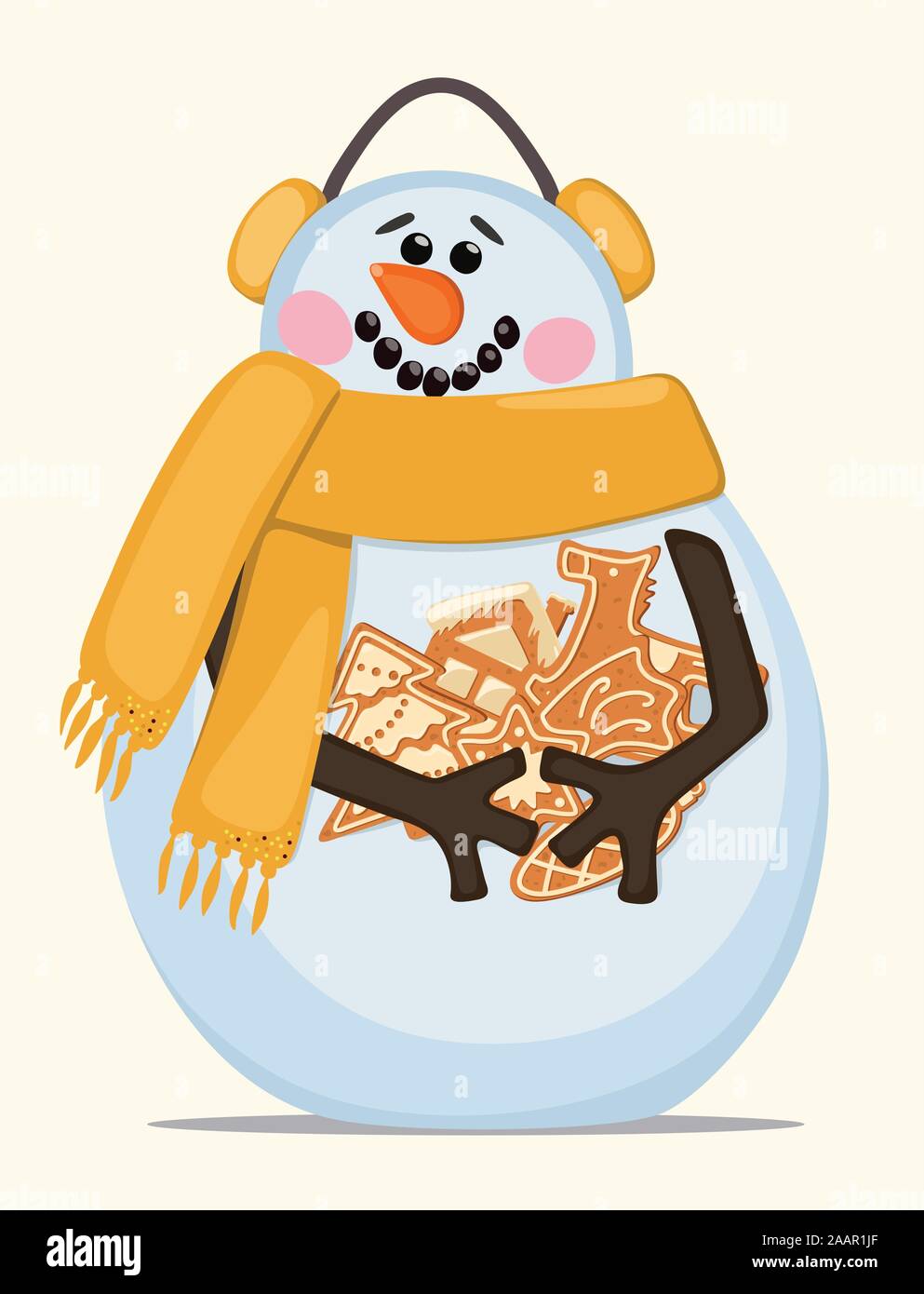 Allegro pupazzo di neve con Natale gingerbread cookie. Illustrazione Vettoriale. Illustrazione Vettoriale