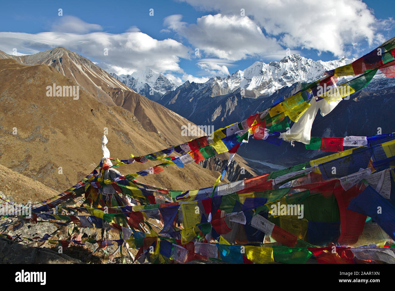 Bandiere di preghiera di fronte montagne innevate della Valle di Langtang (salita a Kyanjin Ri) Foto Stock