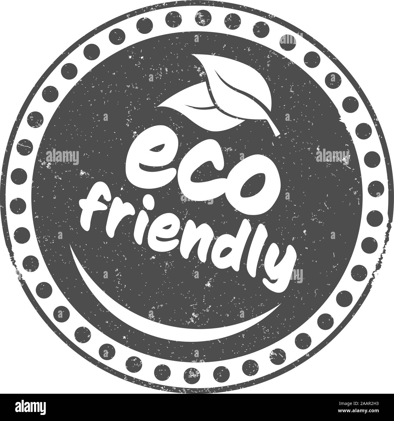 Round grungy ECO FRIENDLY bollino o etichetta con foglie e sorriso astratto illustrazione vettoriale Illustrazione Vettoriale