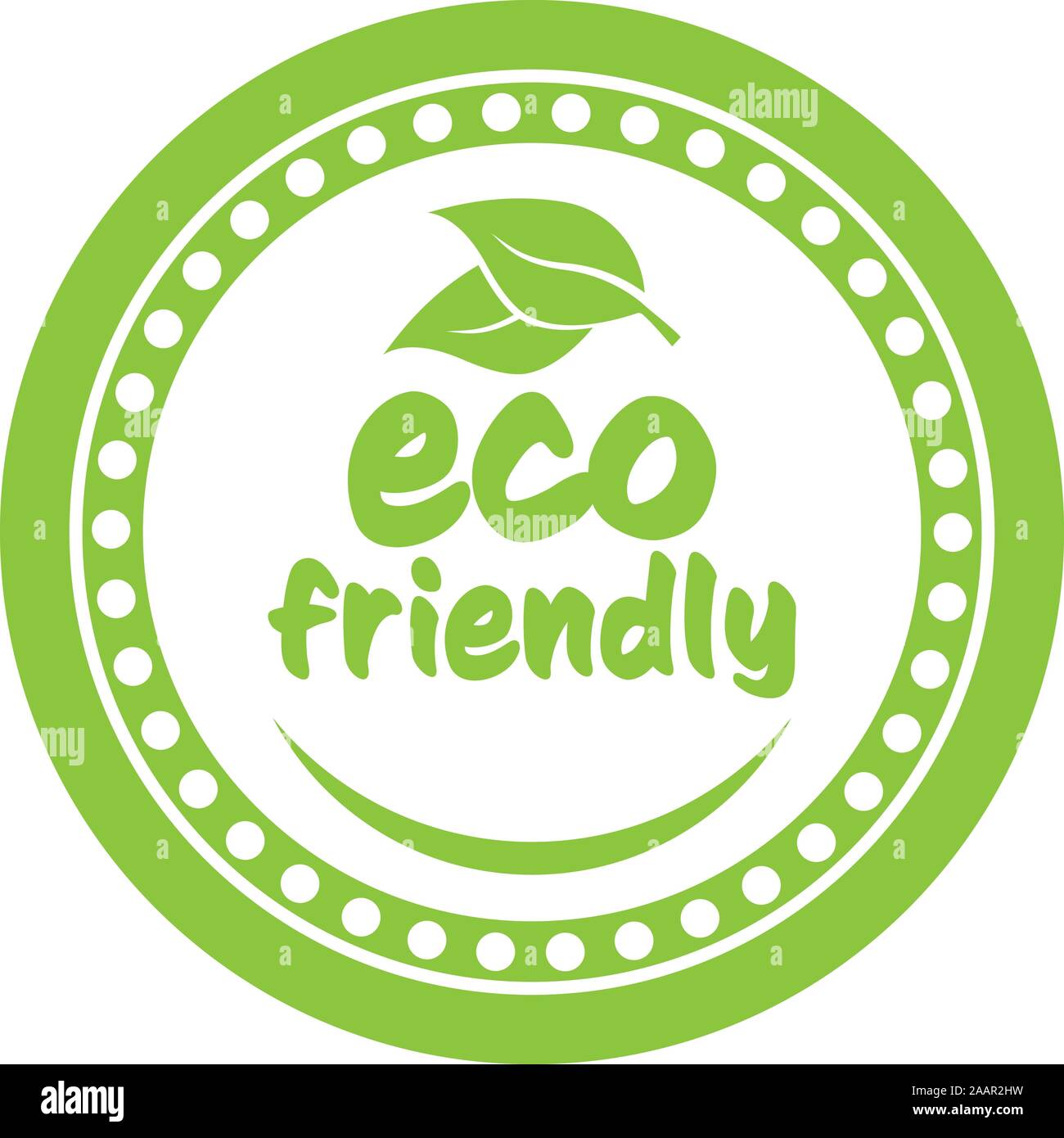 Verde rotondo ECO FRIENDLY bollino o etichetta con foglie e sorriso astratto illustrazione vettoriale Illustrazione Vettoriale