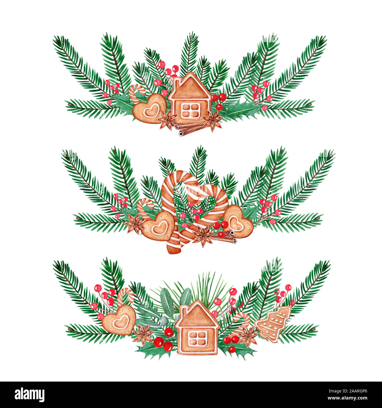 Natale corona di acquerelli di bacche, Abete rami, gingerbread cookie, anice. Disegnata a mano illustrazione. Isolato su sfondo bianco. Foto Stock