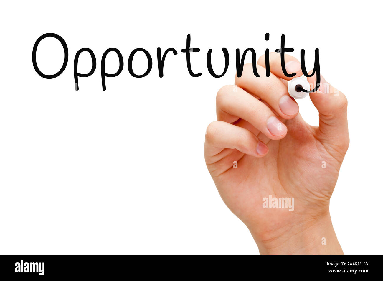 La scrittura a mano la parola opportunità con pennarello nero su trasparente wipe board isolati su sfondo bianco. Foto Stock
