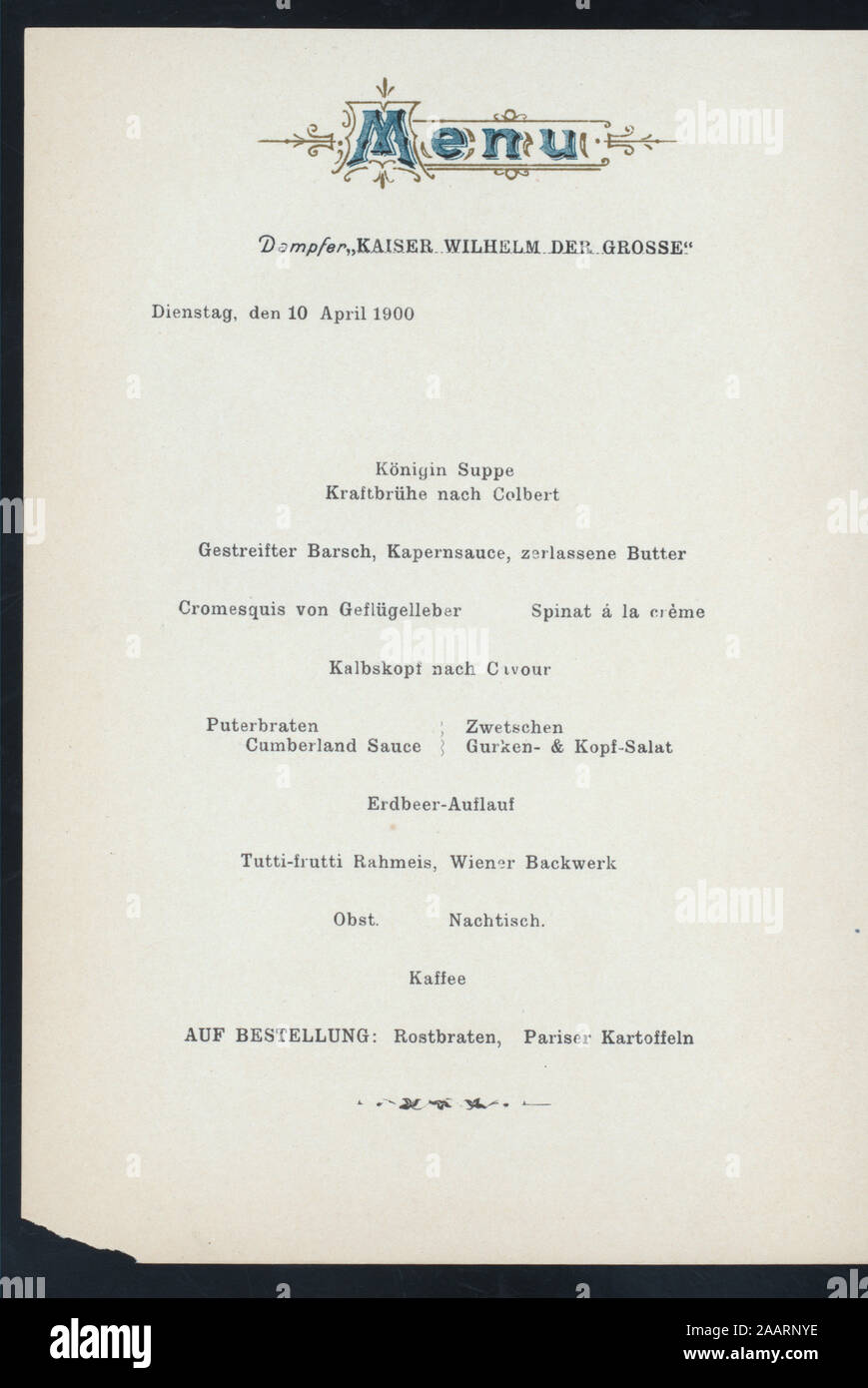 La cena (detenute da) NORDDEUTSCHER LLOYDS BREMEN (a) DAMPFER KAISER WILHELM DER GROSSE (SS;) tedesco e inglese; include il programma di concerti; figure mitiche & Marittimo schizzi sul coperchio; cena [detenute da] NORDDEUTSCHER LLOYDS BREMEN [at] DAMPFER KAISER WILHELM DER GROSSE (SS;) Foto Stock