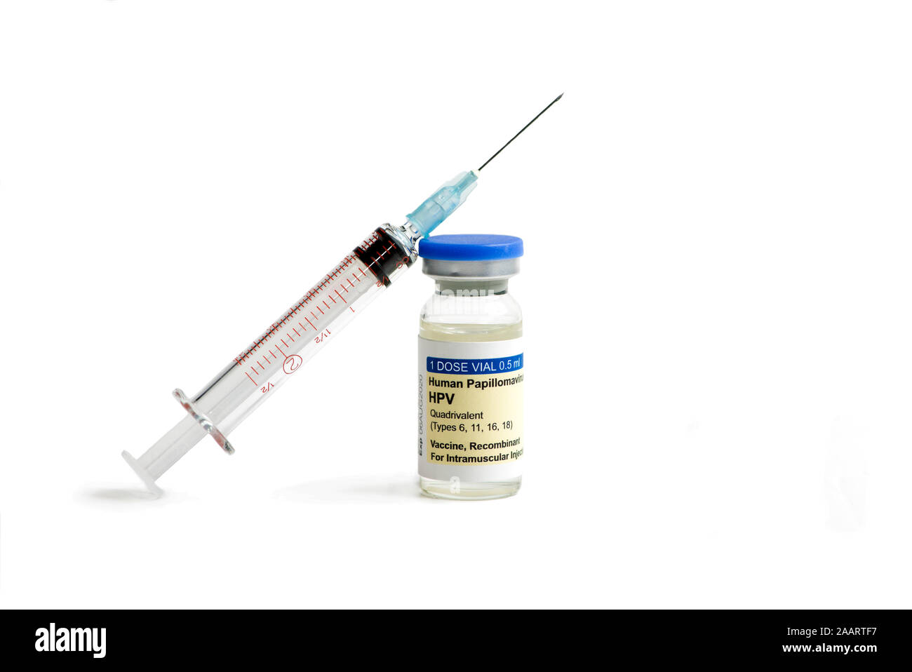 Human papilloma virus vaccino HPV con siringa isolato su bianco. Foto Stock