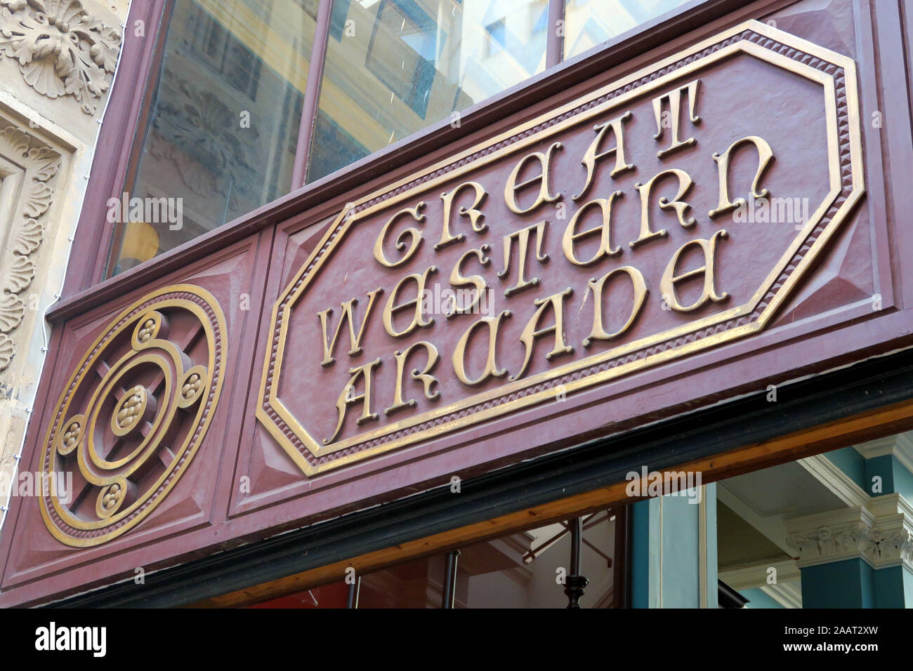 Great Western Arcade segno, Colmore Row, Birmingham, West Midlands, Inghilterra, B2 5HU Foto Stock
