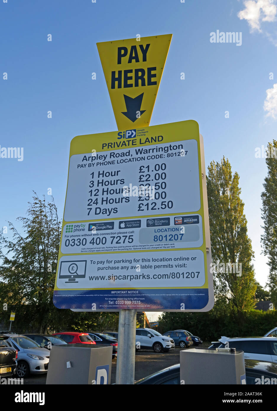 SipCarparks Arpley Road stazione a pagamento Warrington, Cheshire, Inghilterra, Regno Unito, WA1 1WT Foto Stock
