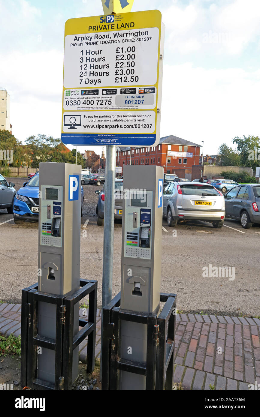 SipCarparks Arpley Road stazione a pagamento Warrington, Cheshire, Inghilterra, Regno Unito, WA1 1WT Foto Stock