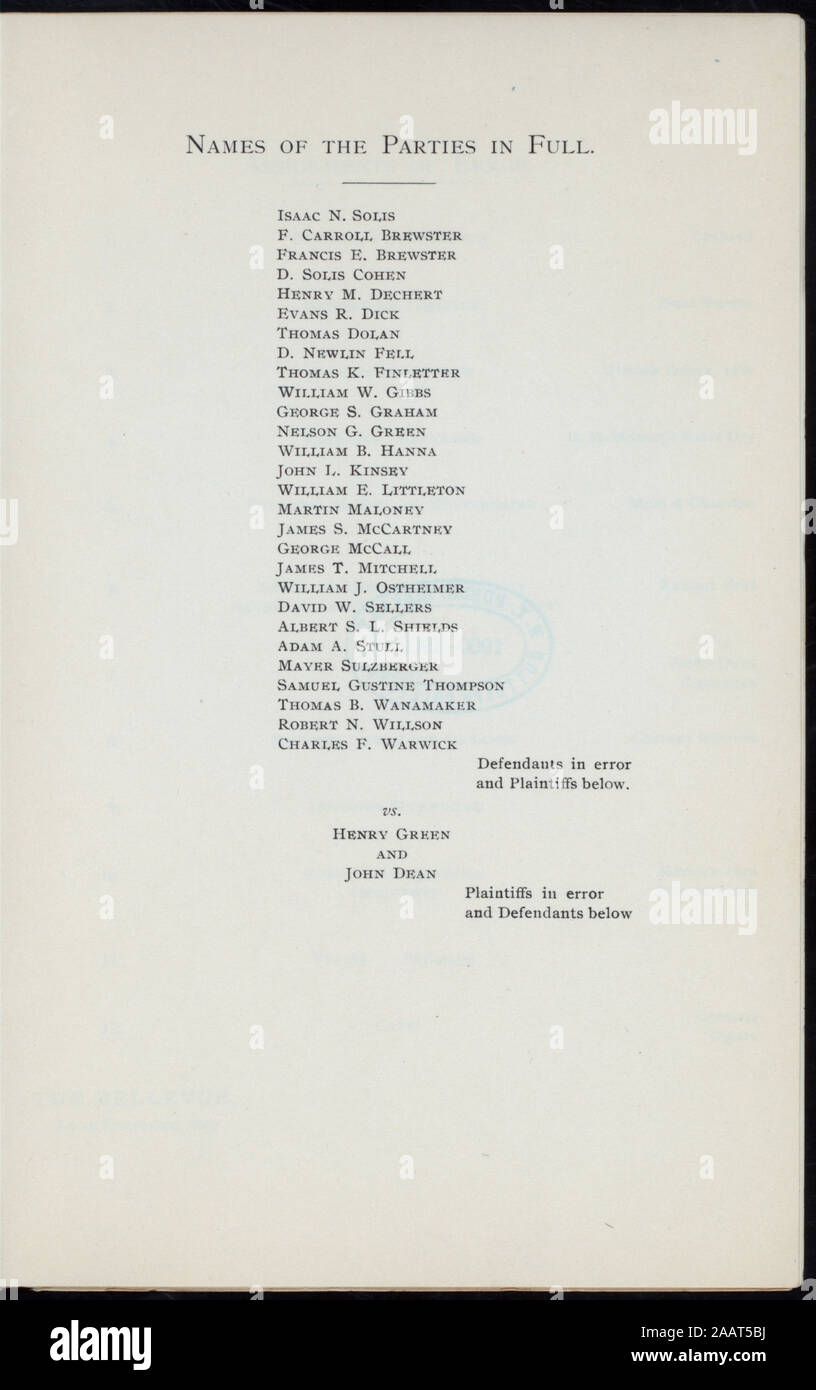 La cena HONNORING ISACCO N SOLIS, Henry Green, John DEAN (detenute da) Alta corte di appello della Pennsylvania (at) Il Bellevue, PHILDELPHIA (PA) (HOTEL;) LEGALESE umoristico; Francese; vini; la cena HONNORING ISACCO N. SOLIS, Henry Green, John DEAN [detenute da] ALTA CORTE DI APPELLO DI PENNSYLVANIA [a] Il Bellevue, (PHILDELPHIA PA?) (HOTEL;) Foto Stock