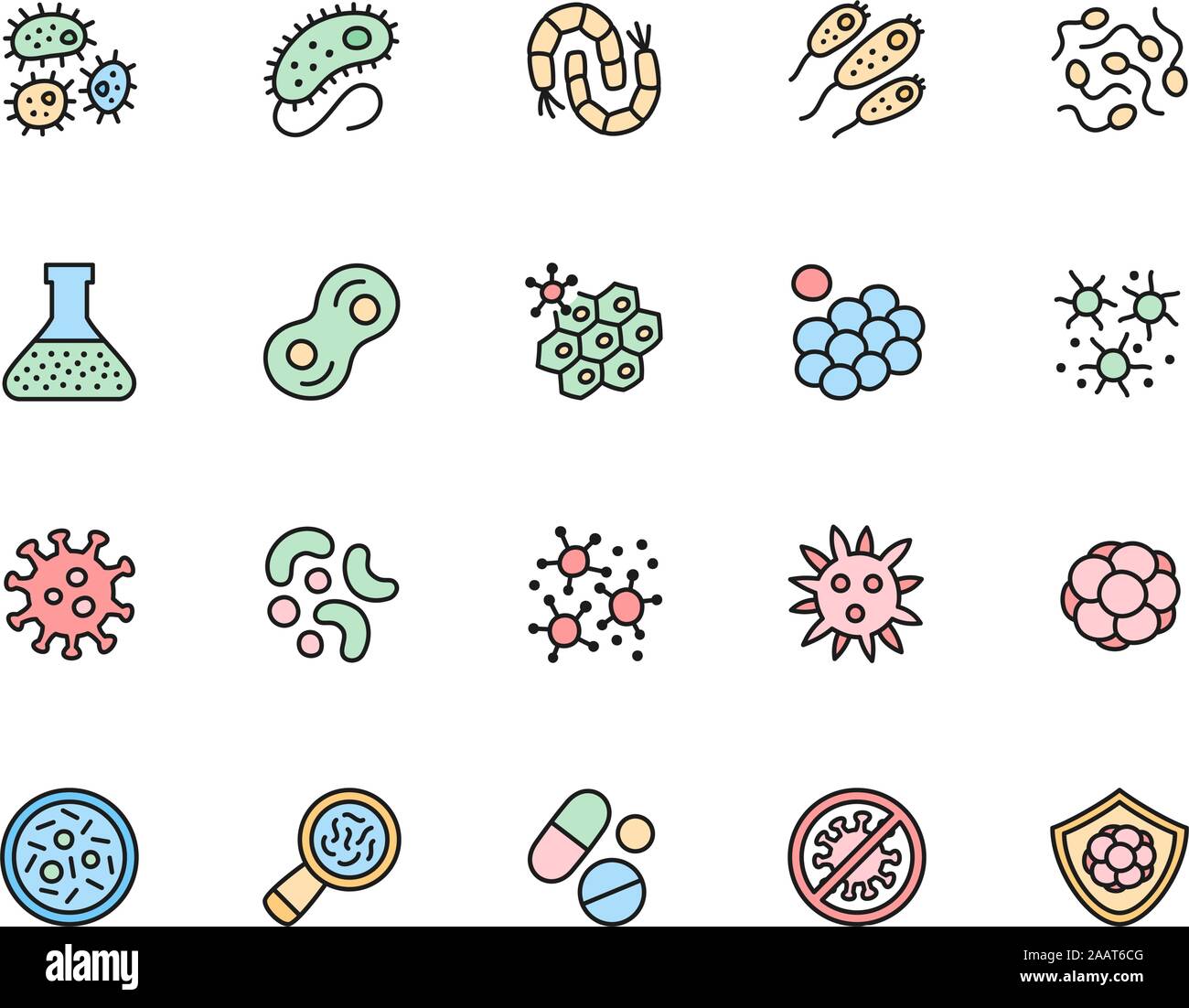 Set di batteri probiotici Virus e schermo piatto a colori e icone di linea. Microbo, germe, Cell, caviale, Petri, sistema immunitario, medico pillole, pallone da laboratorio un Illustrazione Vettoriale