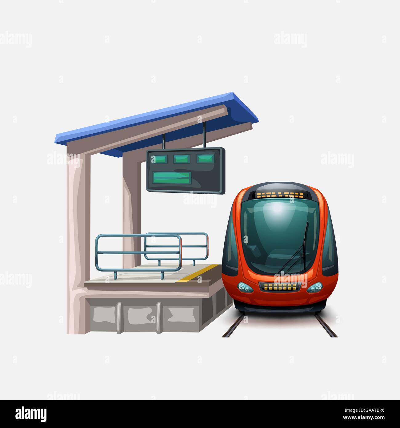 Con il treno alla stazione di vista anteriore Illustrazione Vettoriale