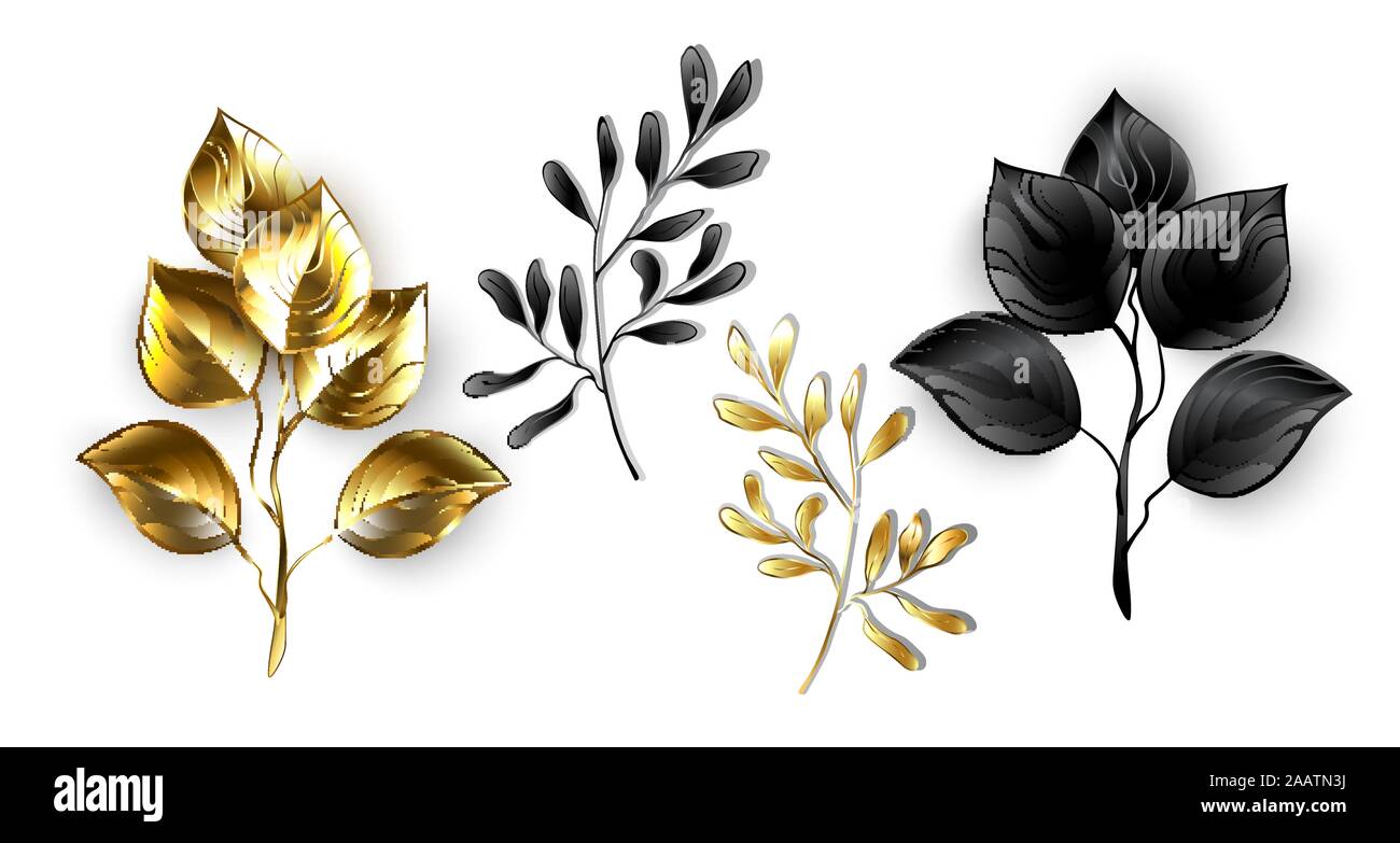 Raccolta di isolato, ramoscelli decorativi realizzati in lucido, nero e di lamina di oro su sfondo bianco. Illustrazione Vettoriale