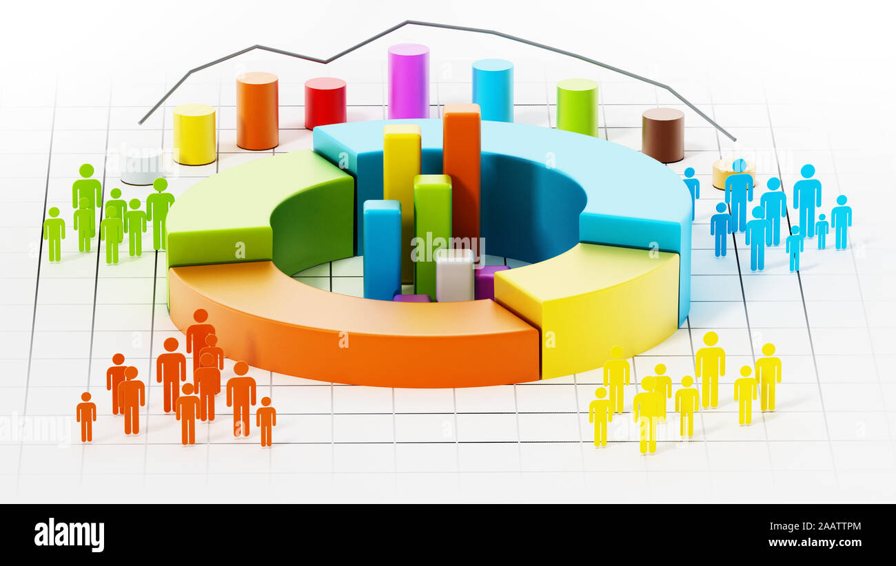 La gente colorata sagome intorno i grafici. 3D'illustrazione. Foto Stock