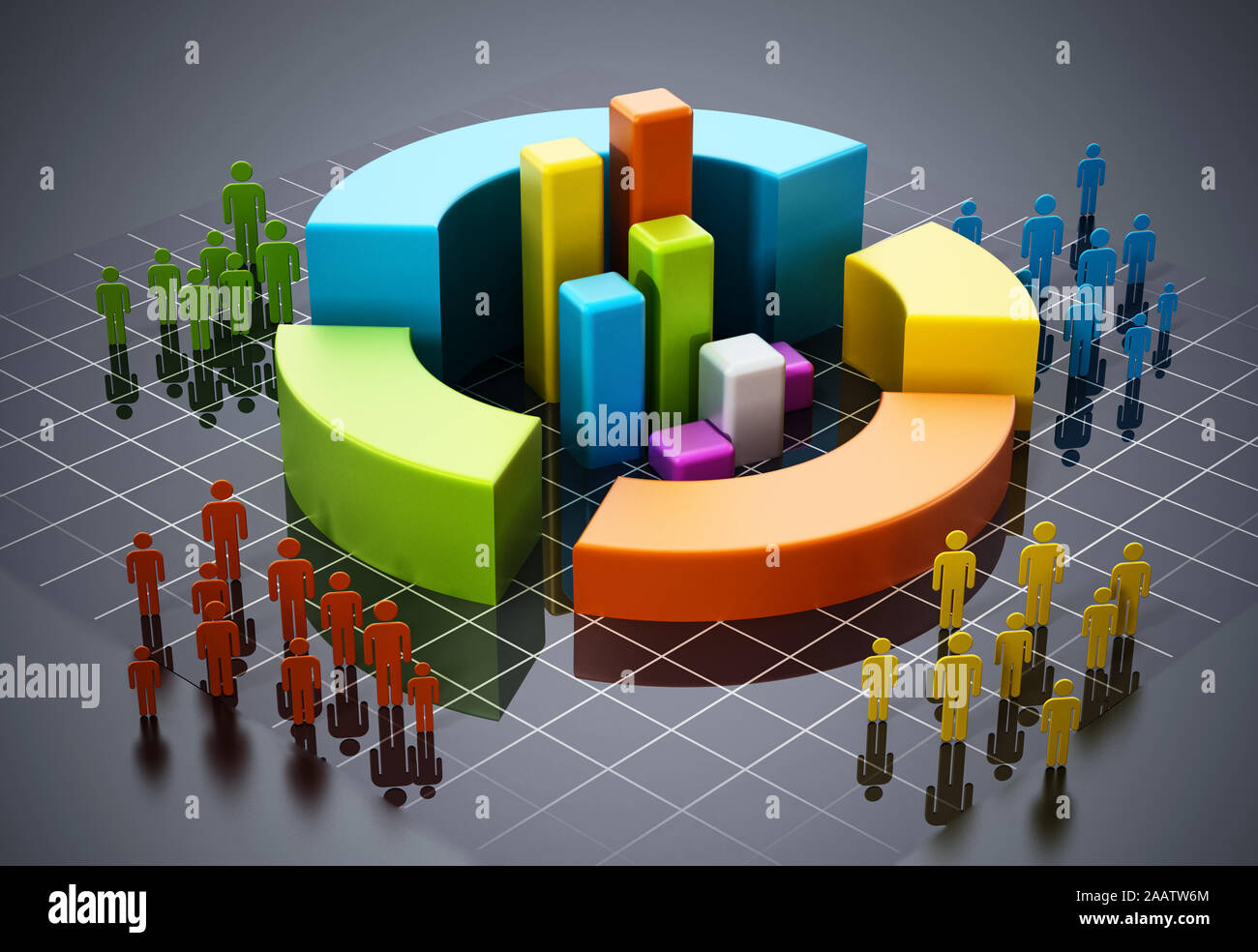 La gente colorata sagome intorno i grafici. 3D'illustrazione. Foto Stock