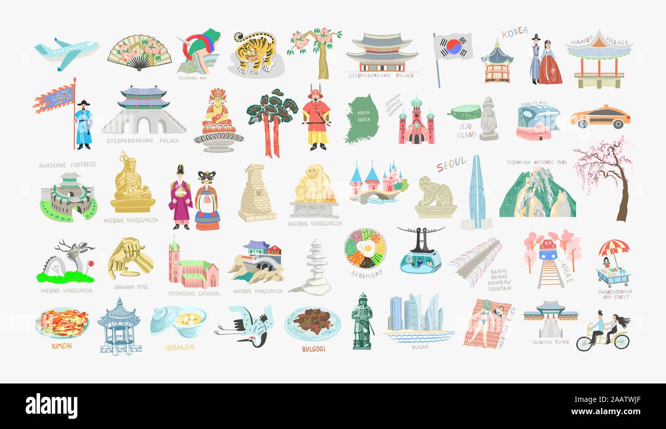 Set di 25 doodle illustrazione vettoriale - Siti di Corea del Sud raccolta di viaggio Illustrazione Vettoriale