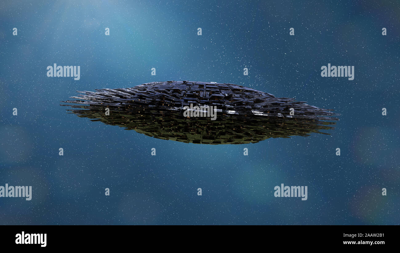 UFO, straniero astronave nello spazio esterno, Flying Saucer tra le stelle galaxy Foto Stock