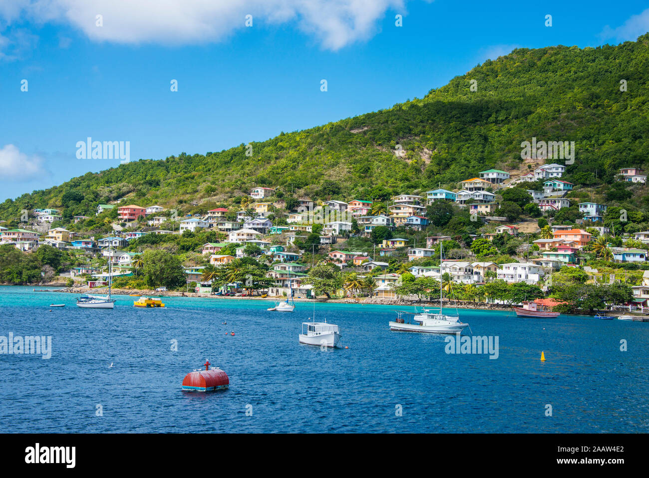 Barche a vela ancoraggio in Port Elizabeth, Admiralty Bay, Bequia, Saint Vincent e Grenadine, dei Caraibi Foto Stock