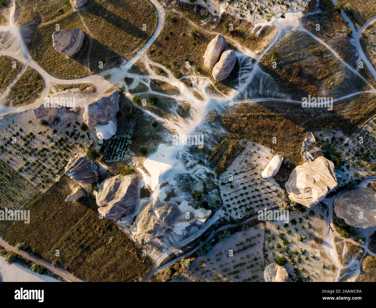 Drone vista della colomba monastero complesso a Goreme, Cappadocia, Turchia Foto Stock