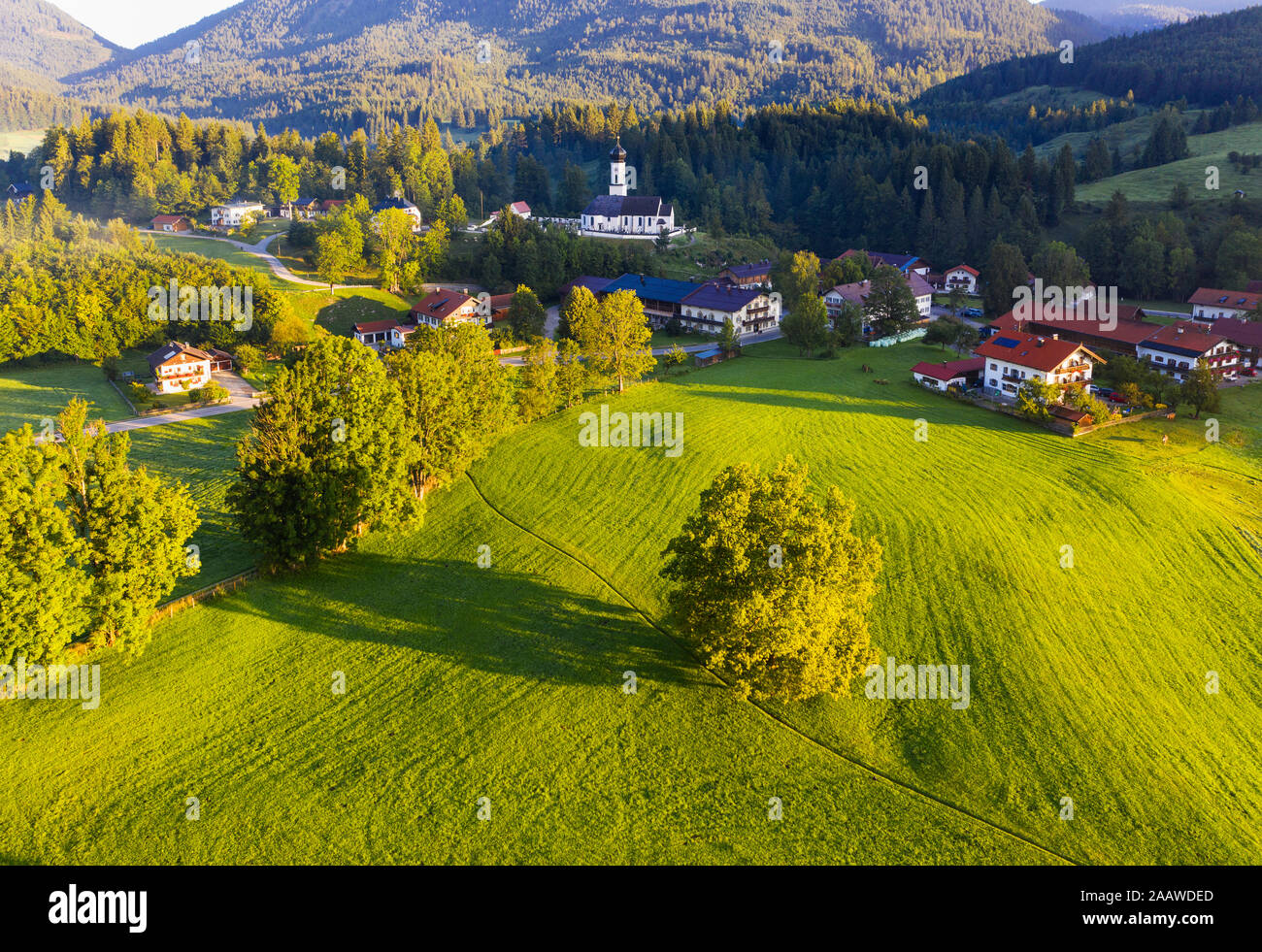 In Germania, in Baviera, Baviera, Isarwinkel, Jachenau, vista aerea del paesaggio rurale Foto Stock