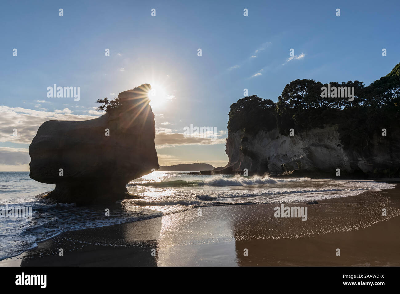 Nuova Zelanda, Isola del nord, Waikato, Silhouette di sorridere Sphinx Rock al tramonto Foto Stock