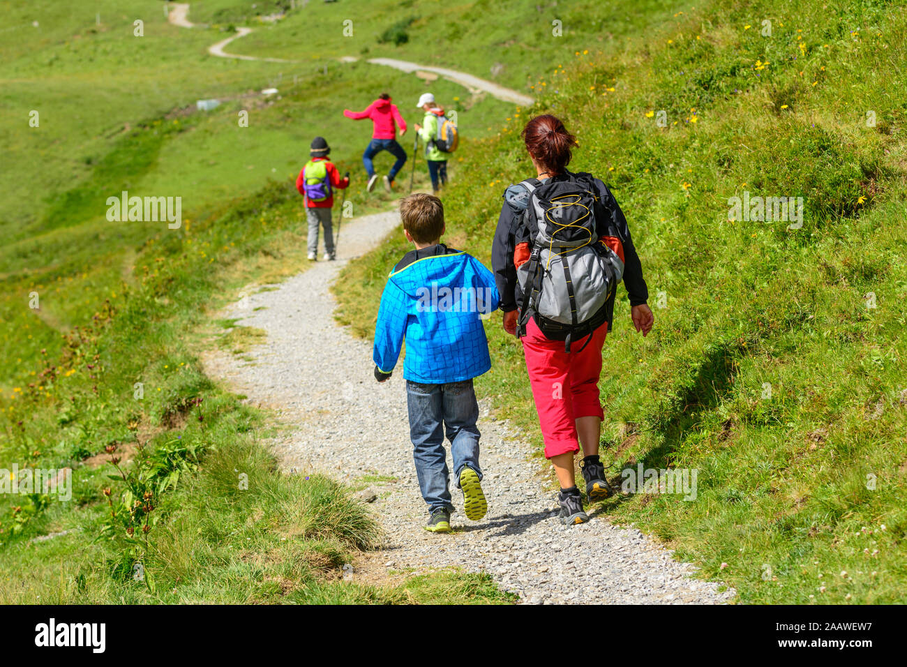 Donna escursionismo con un gruppo di bambini nella regione alpina intorno a Warth /Arlberg Foto Stock