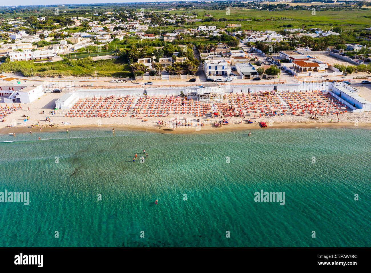 Vista aerea della spiaggia Spiaggiabella, Lecce, Italia Foto Stock