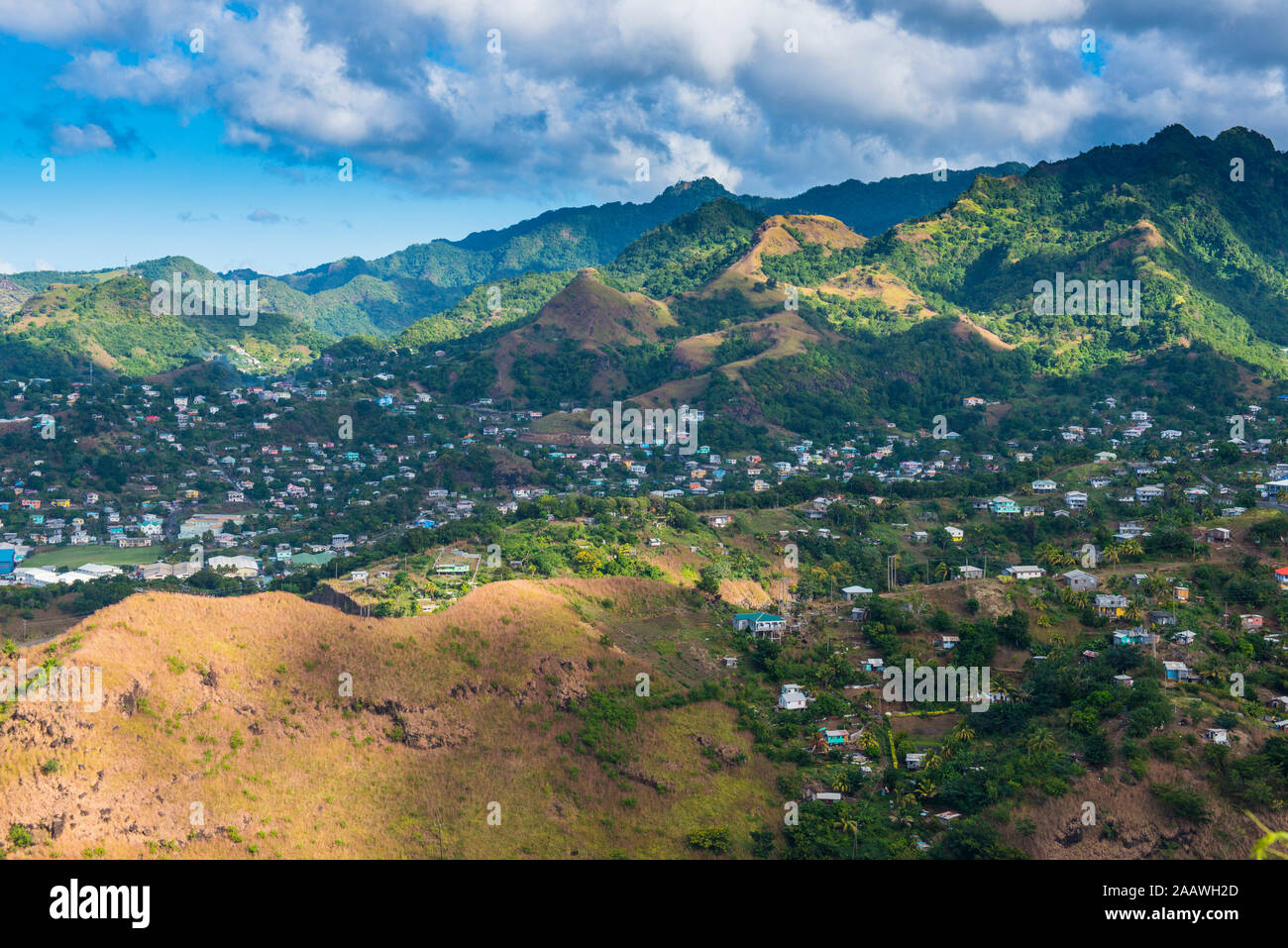 Vista panoramica di Saint Vincent visto da Fort Charlotte, Saint Vincent e Grenadine, dei Caraibi Foto Stock
