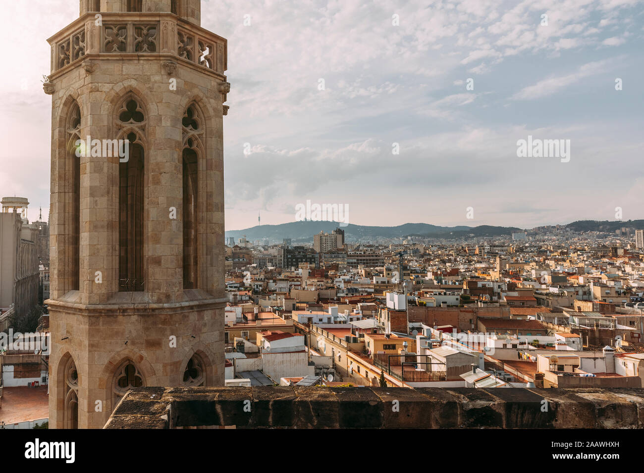 Città di Barcellona, visto dalla Basilica di Santa María del Mar, Spagna Foto Stock