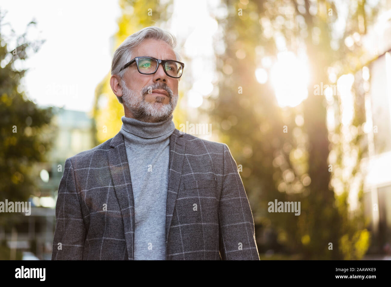 Ritratto di moda imprenditore maturo con gli occhiali in esterno Foto Stock