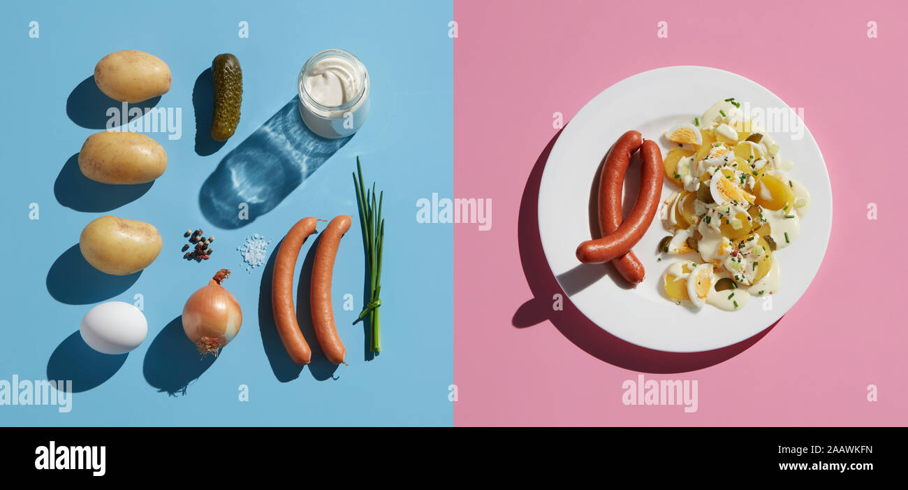 Direttamente sopra il colpo di pasto sano da ingrediente nella piastra con la forcella su sfondo colorato Foto Stock