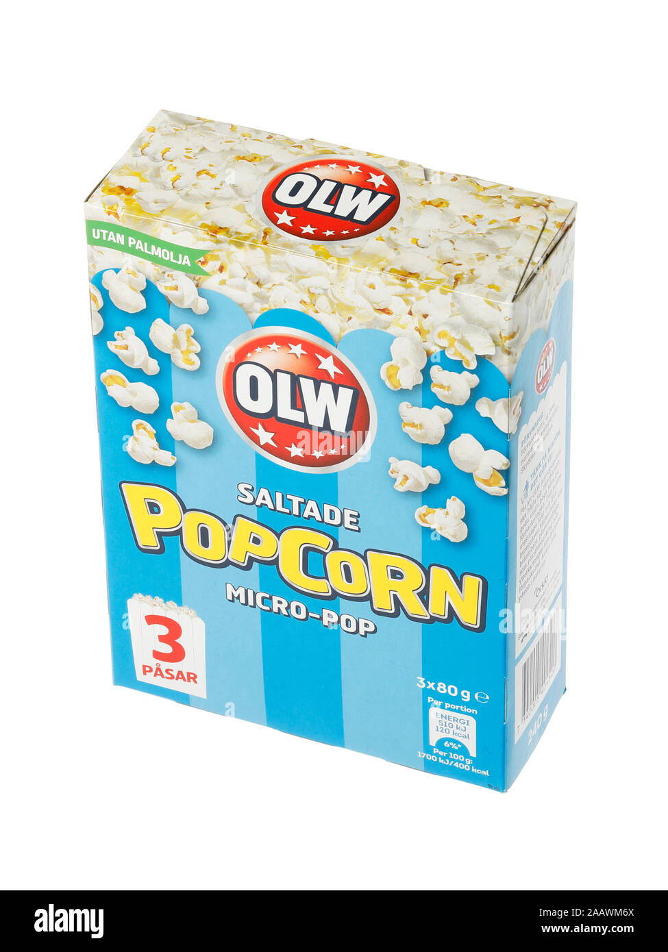 Stoccolma, Svezia - 21 novembre 2019. Un pacchetto di micro-pop pop-corn da OLW per il mercato svedese. Foto Stock