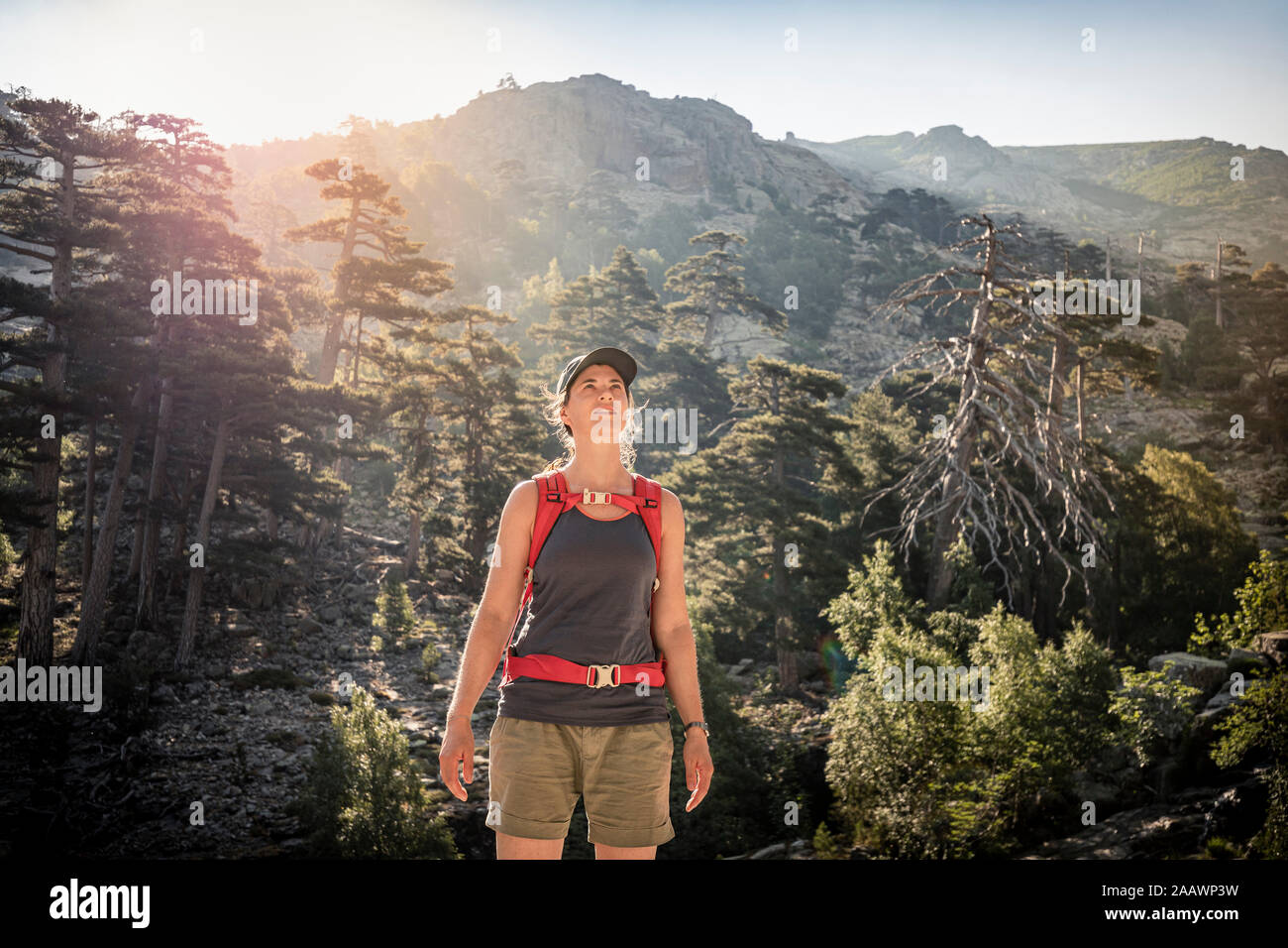 Escursionista femmina guardando in alto, Albertacce, Haute-Corse, Corsica, Francia Foto Stock