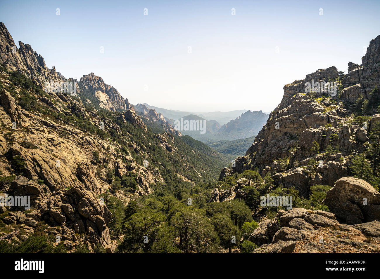 Vista della valle, Aiguilles de Bavella, Corse-du-Sud, Corsica, Francia Foto Stock