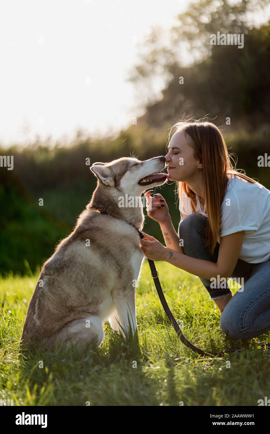 Giovane donna naso a naso con il suo cane su un prato Foto Stock