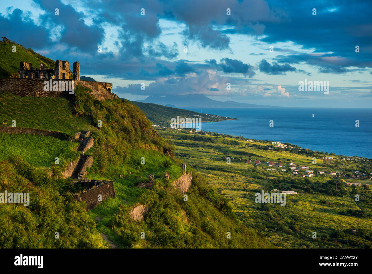 Vista di Brimstone Hill Fortress dal mare contro il cielo, Saint Kitts e Nevis, dei Caraibi Foto Stock