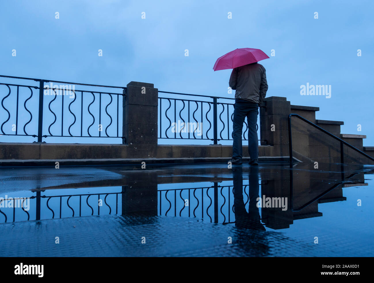 Whitley Bay,UK. 24 Novembre, 2019. Meteo: un grigio, drizzly per iniziare la giornata a Whitley Bay nei pressi di Newcastle sulla costa nord est come un viandante che si affaccia al mare da Whitley Bay Seafront. Credito: Alan Dawson /Alamy Live News Foto Stock