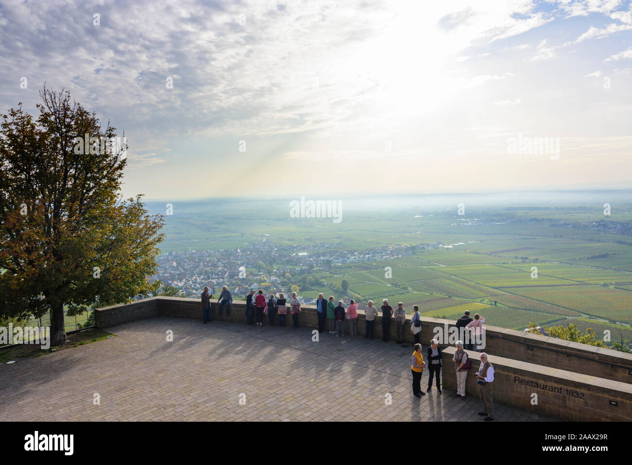 Neustadt an der Weinstrasse: i visitatori a terrazza di Hambacher Schloss (Hambach Castle.), vista in villaggio Diedesfeld, vigneto in Weinstraße, vino tedesco Foto Stock