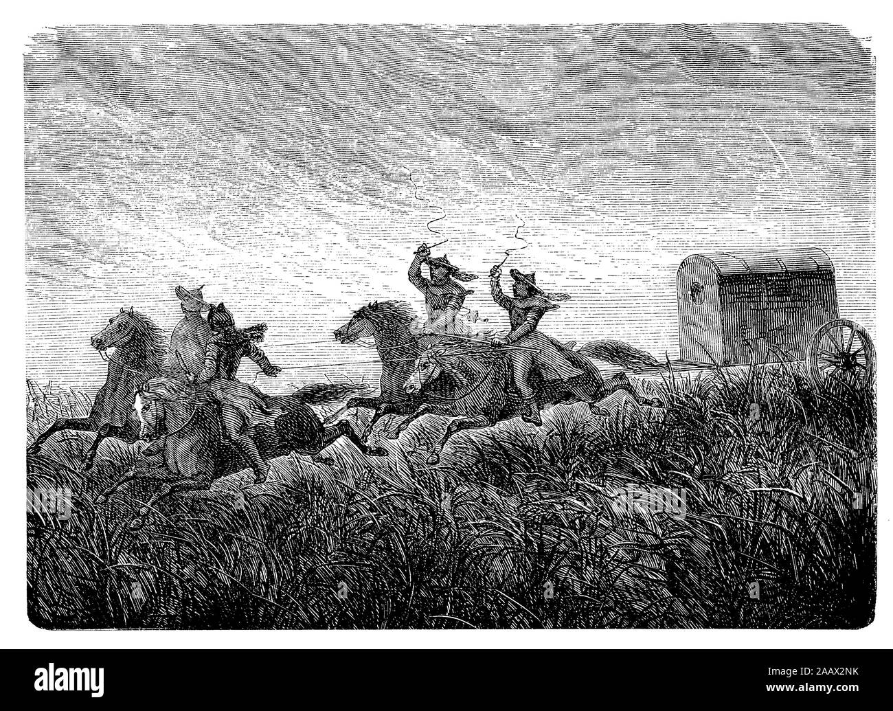 Servizio di posta nel deserto del Gobi del XIX secolo: messaggeri a cavallo di una formazione post del carro per il servizio express nella prateria lungo la via della seta Foto Stock