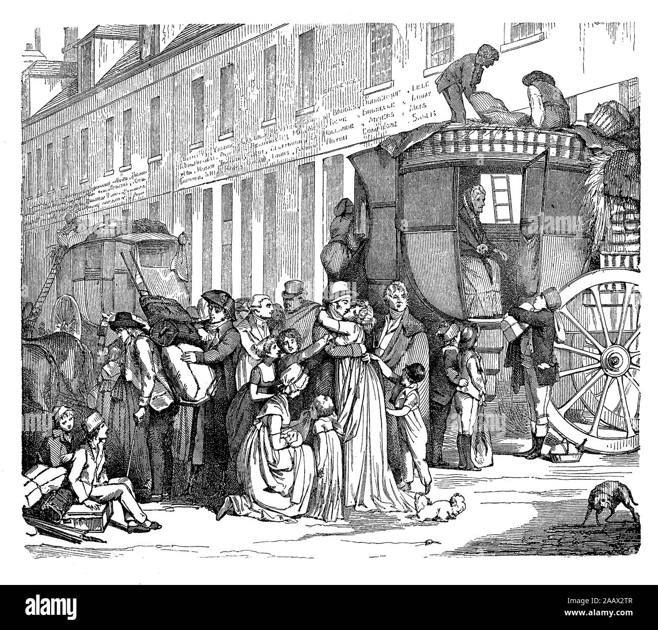 Stagecoach arrivo del XVIII secolo, la gente che abbraccia le famiglie riunite, pacchi e posta elettronica sulla consegna Foto Stock