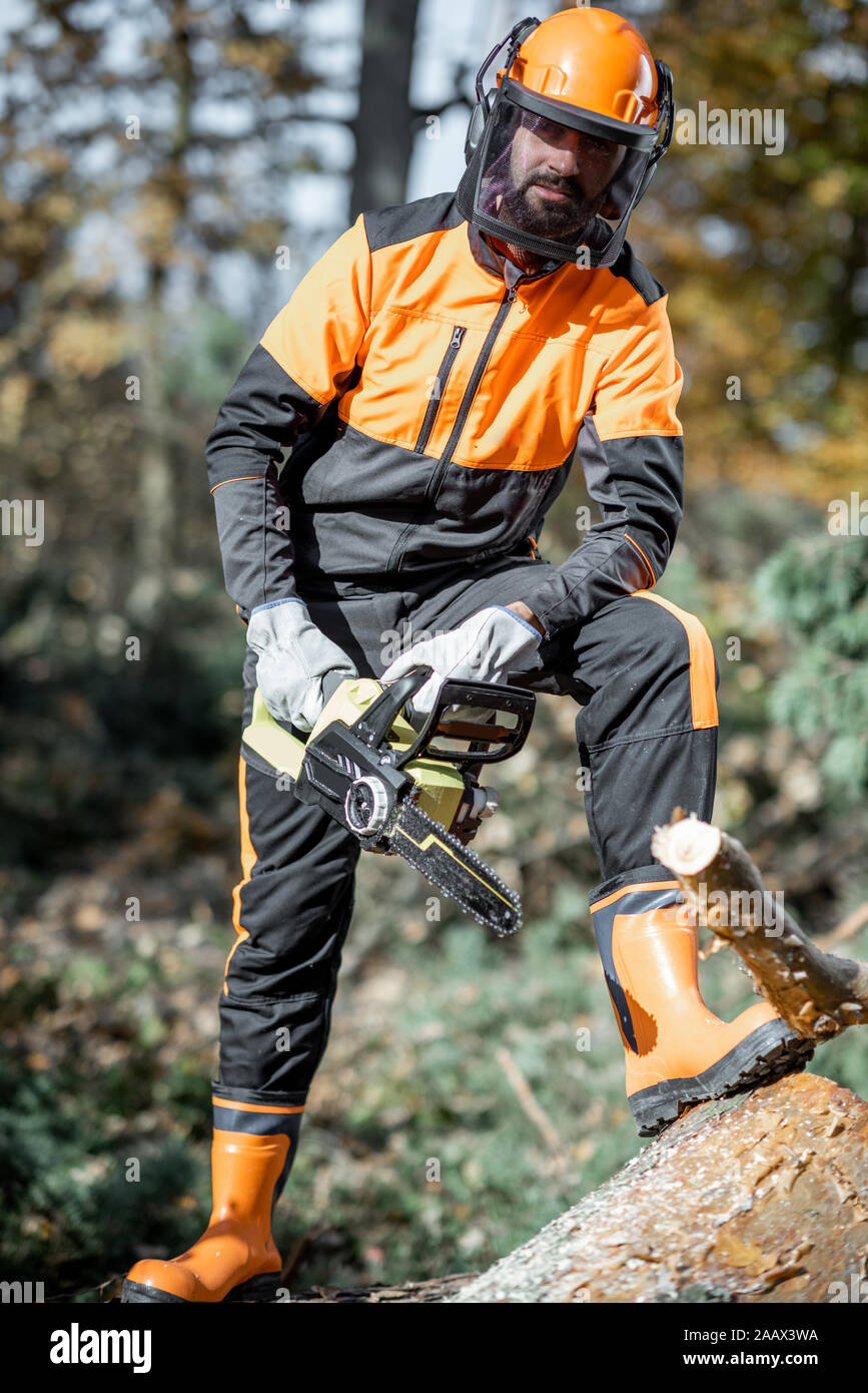 A piena lunghezza Ritratto di un professionista di fiducia lumberman con chainsaw in indumenti da lavoro protettiva nella pineta Foto Stock