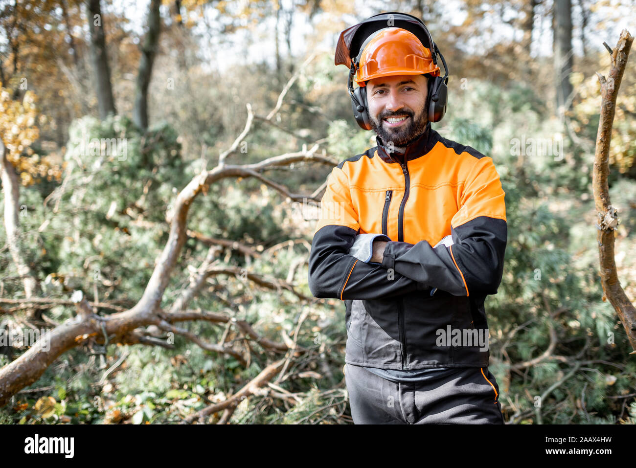 Vita-up verticale di un professionista lumberman in harhat e indumenti da lavoro protettiva in piedi nella foresta di pini Foto Stock