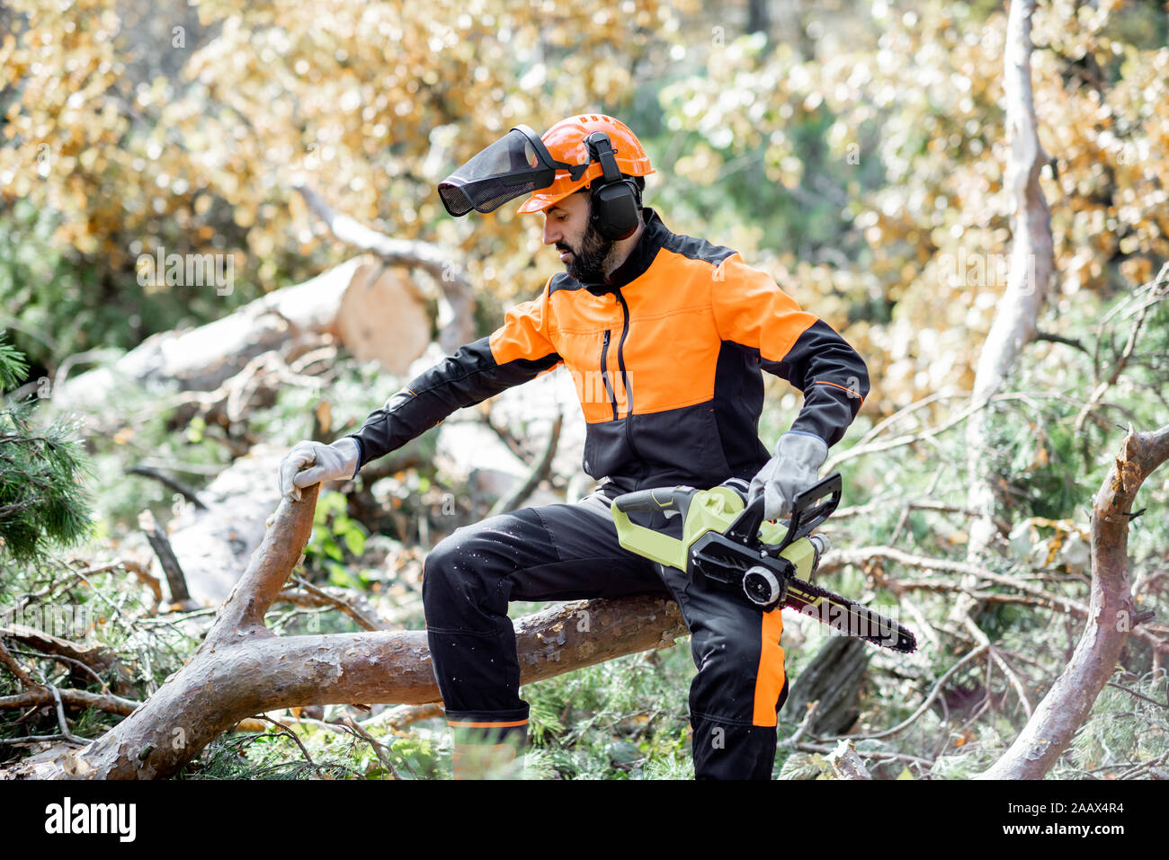 Ritratto di un professionista lumberman in indumenti da lavoro protettiva seduto con un chainsaw sull'albero abbattuto, riposo dopo il duro lavoro della foresta Foto Stock