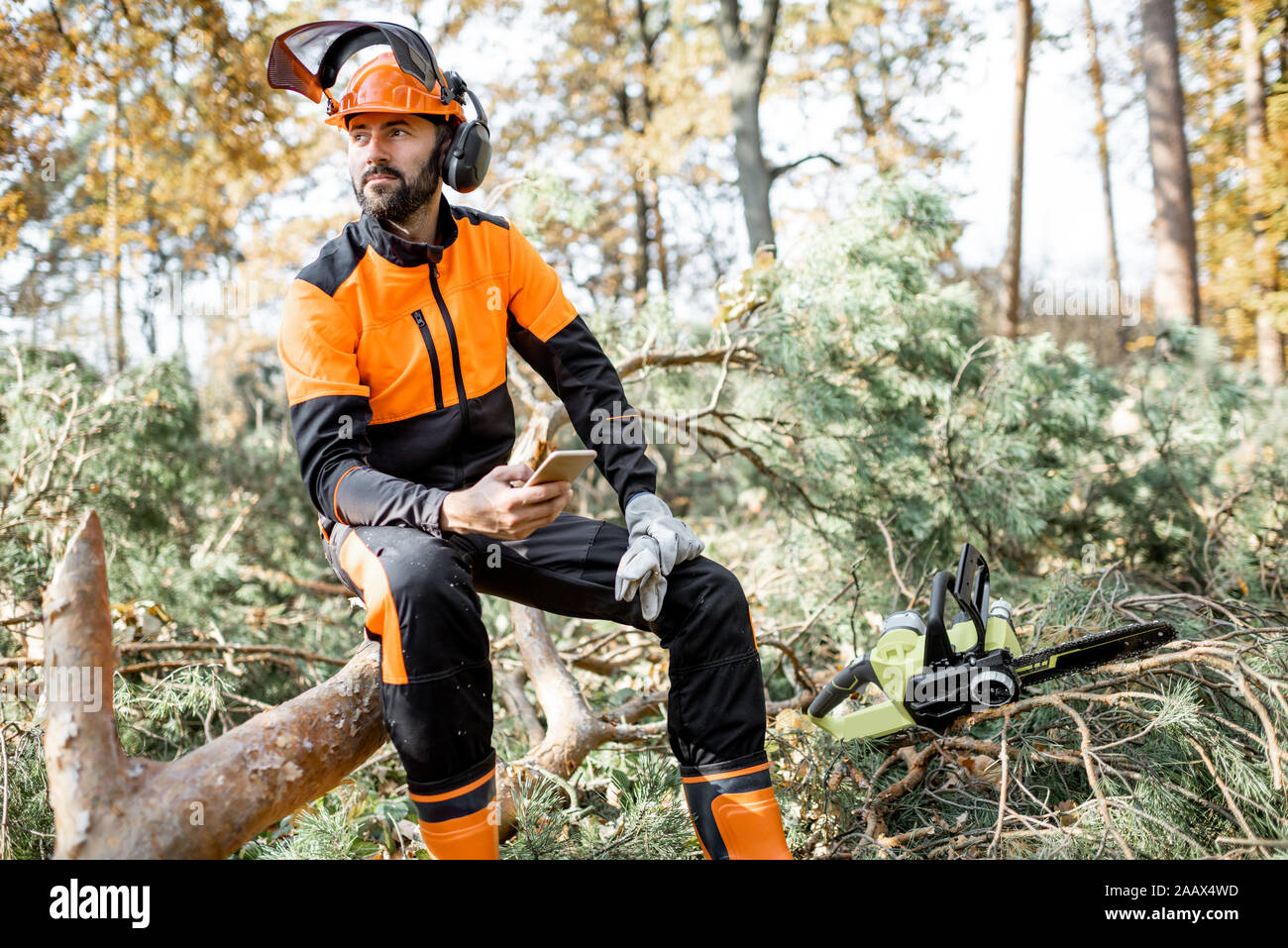 Ritratto di un professionista lumberman in indumenti da lavoro protettiva seduta con telefono cellulare sull'albero abbattuto, riposo dopo il duro lavoro della foresta Foto Stock