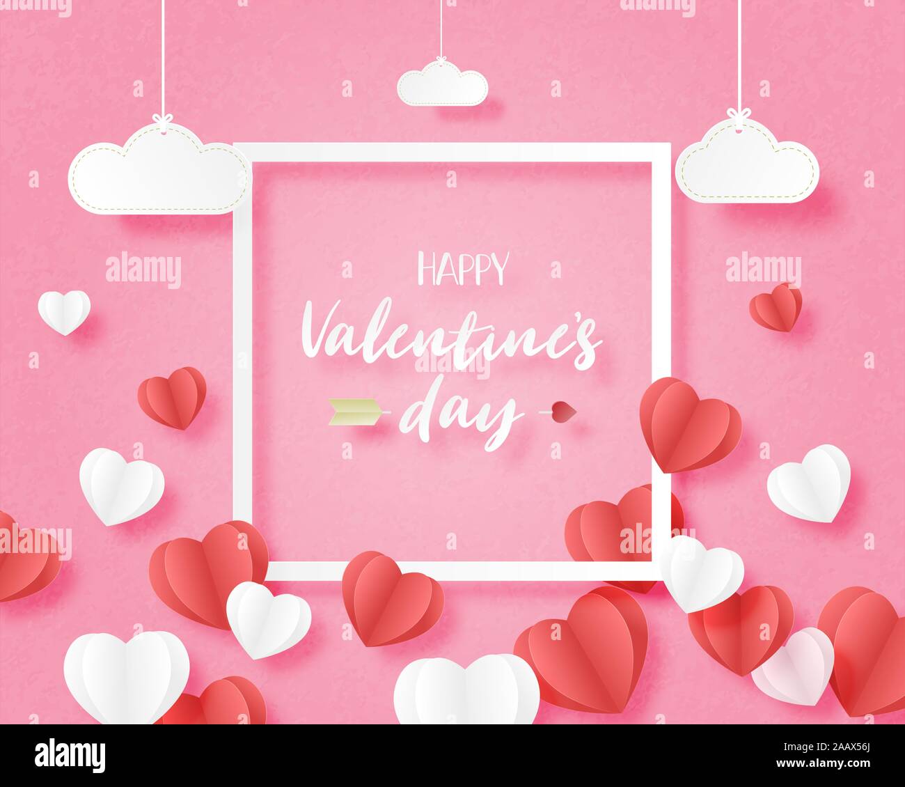 Il giorno di San Valentino banner con forma di cuore galleggiante su sfondo rosa e appendere le nubi con telaio in carta tagliata stile. Digitale carta craft art concept Illustrazione Vettoriale