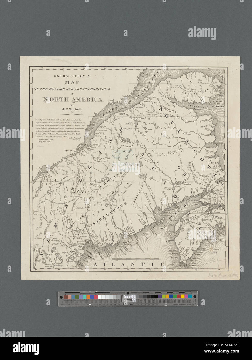 Estratto da una mappa degli Inglesi e dei domini francesi in Nord America sollievo mostrato graficamente. Scala circa 1:2,050,000 (W 72°18ʹ00ʺ--W 63°15ʹ00ʺ/N 49°32ʹ00ʺ--N 43°05ʹ00ʺ) La mappatura della nazione (borsa di NEH, 2015-2018); estratto da una mappa degli Inglesi e dei domini francese in America del Nord Foto Stock